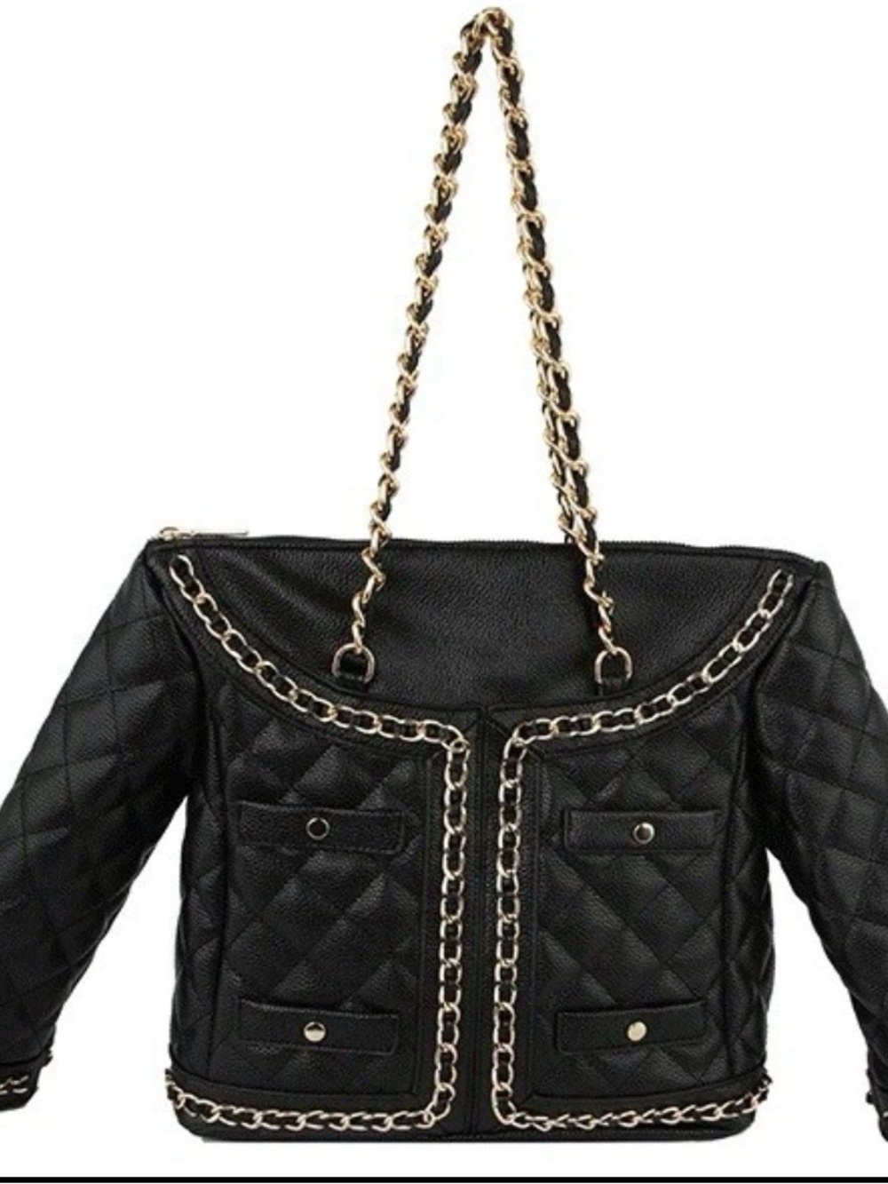 Vegan Novelty Black Quilted Jacket Shoulder Bag Gold Chain Trim